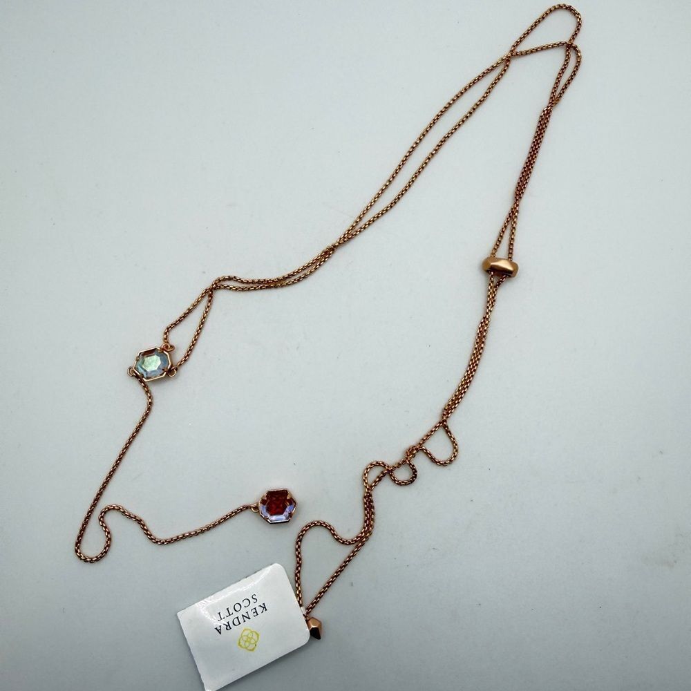 NWT Kendra Scott "Tomon" lariat Necklace in rose gold metal w/ dichroic glass! - Picture 8 of 13